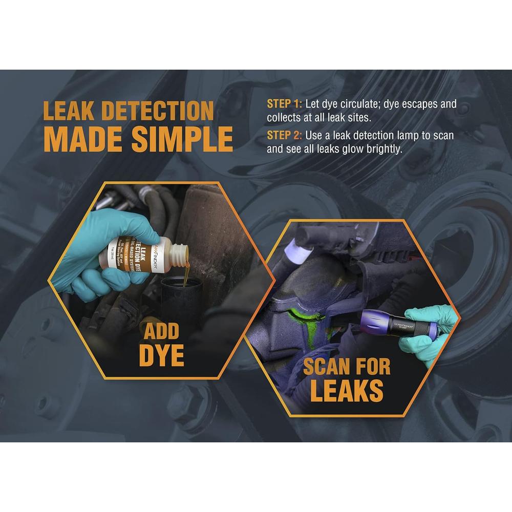 LeakFinder LF2001 OIL-BASED DYE, (6) 1 OZ (30 ML) BOTTLES, FINDS LEAKS IN OIL, FUEL, ATF, & POWER STEERING SYSTEMS