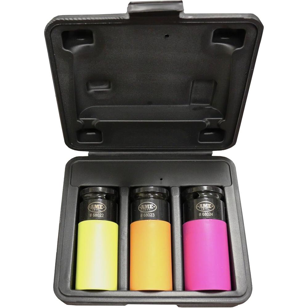 AME International 68025 3-PC 1/2" DR. SPLINE PLUS LUG NUT REMOVAL SOCKET SET FOR SUV/LIGHT TRUCKS, 22MM, 7/8", 15/16"