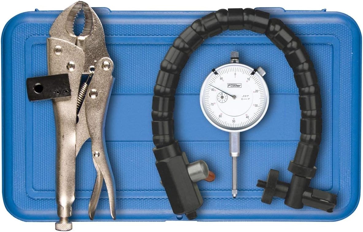 Fowler Precision 72-520-757-0 Disc Rotor and Ball Joint Gauge Set with locking pliers, flex arm, and dial indicator in blue shop-hardened case