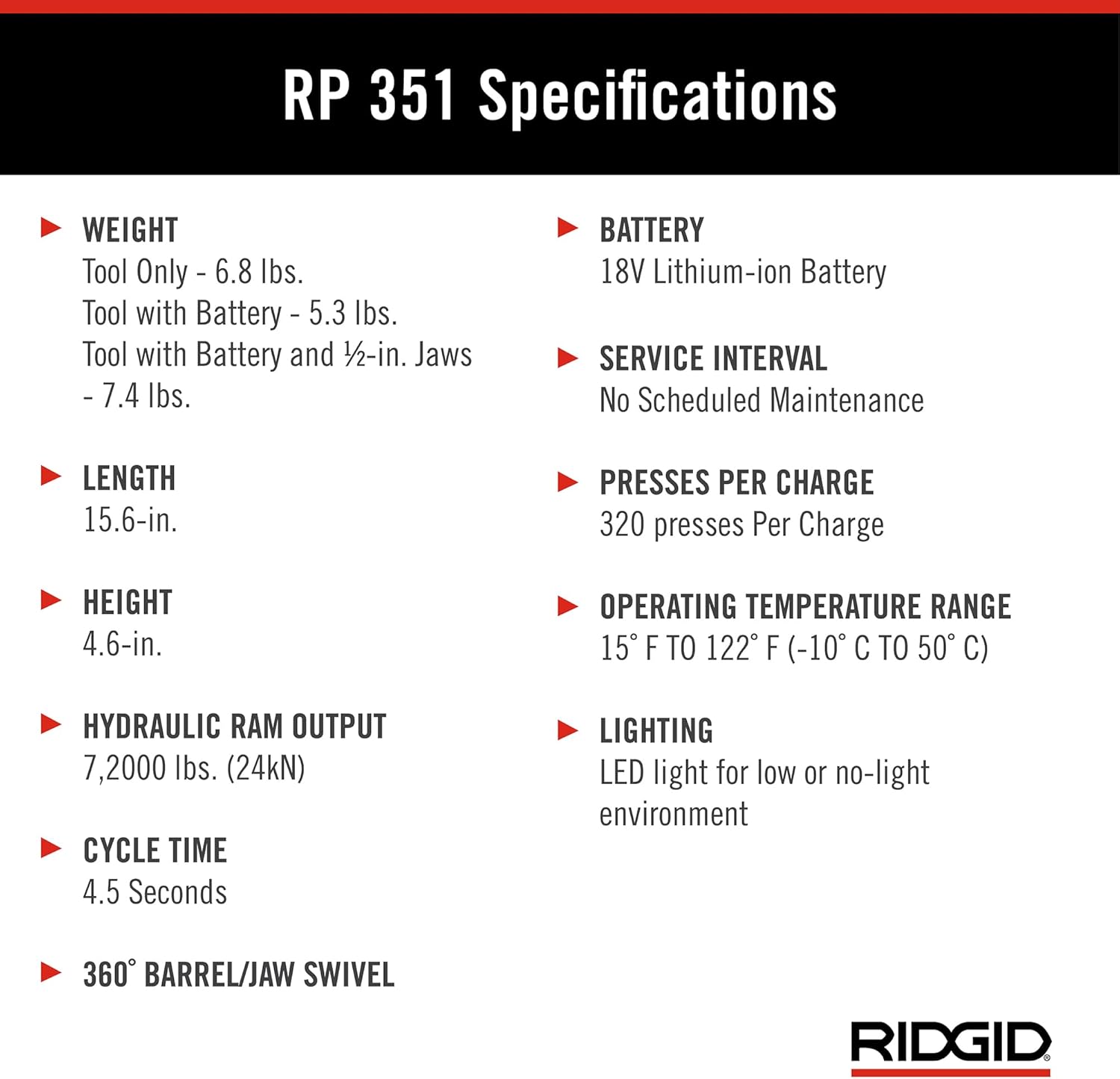 Ridgid 67178 RP 351 Outil de presse à poignée avec batterie 18 V 2,5 Ah, mâchoires Propress 1/2" - 2"