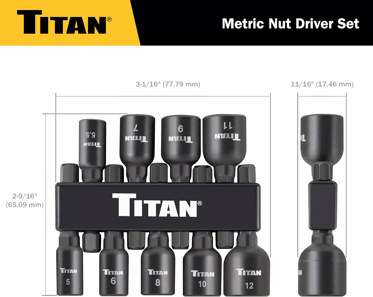 Titan Tools 16297 9pc Magnetic Metric Impact Nut Driver Kit, 5mm-12mm
