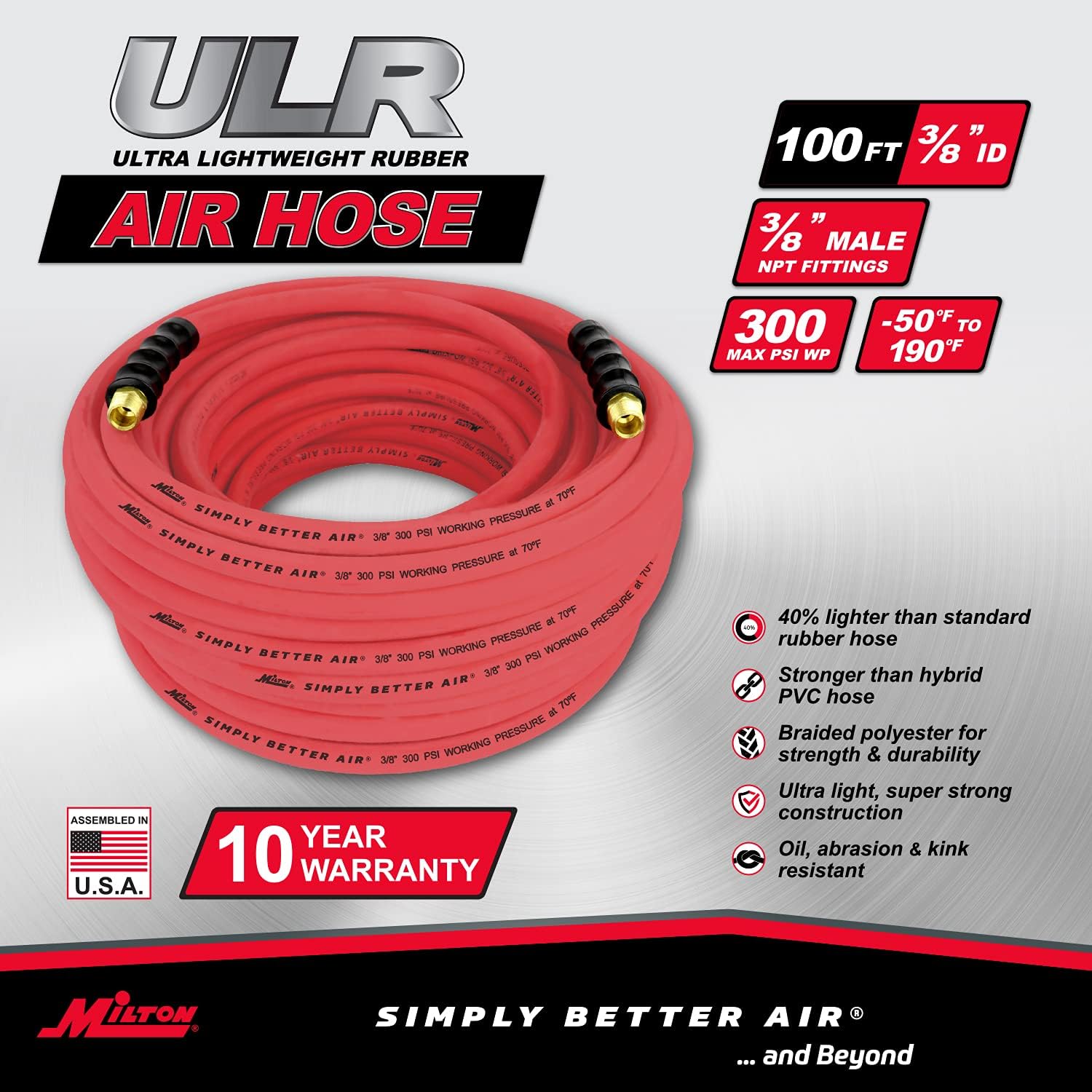 Milton Industries ULR3810038 TUYAU À AIR EN CAOUTCHOUC ULTRA LÉGER 3/8" X 100' AVEC EXTRÉMITÉS 3/8" NPT