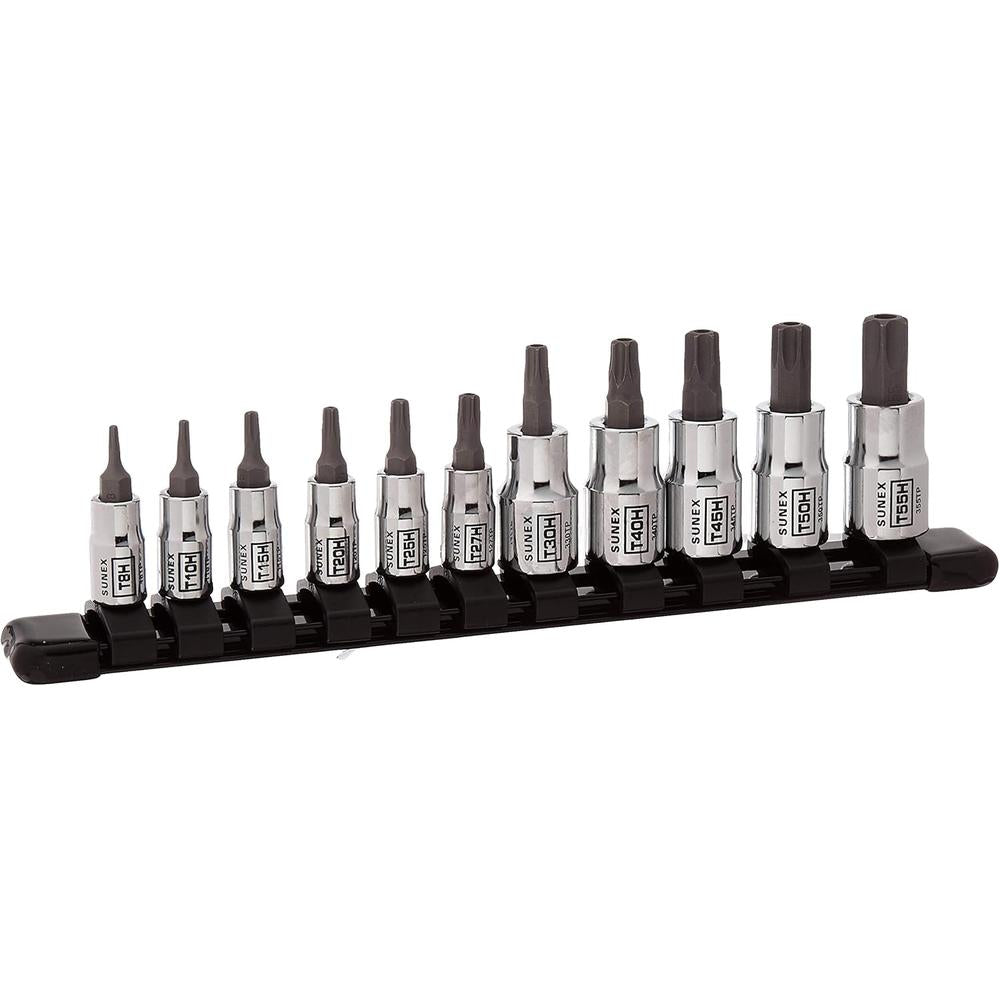 Sunex Tools 91311TP 11Pc 1/4" & 3/8" Dr Chrome Tamperproof Star Bit Socket Rail