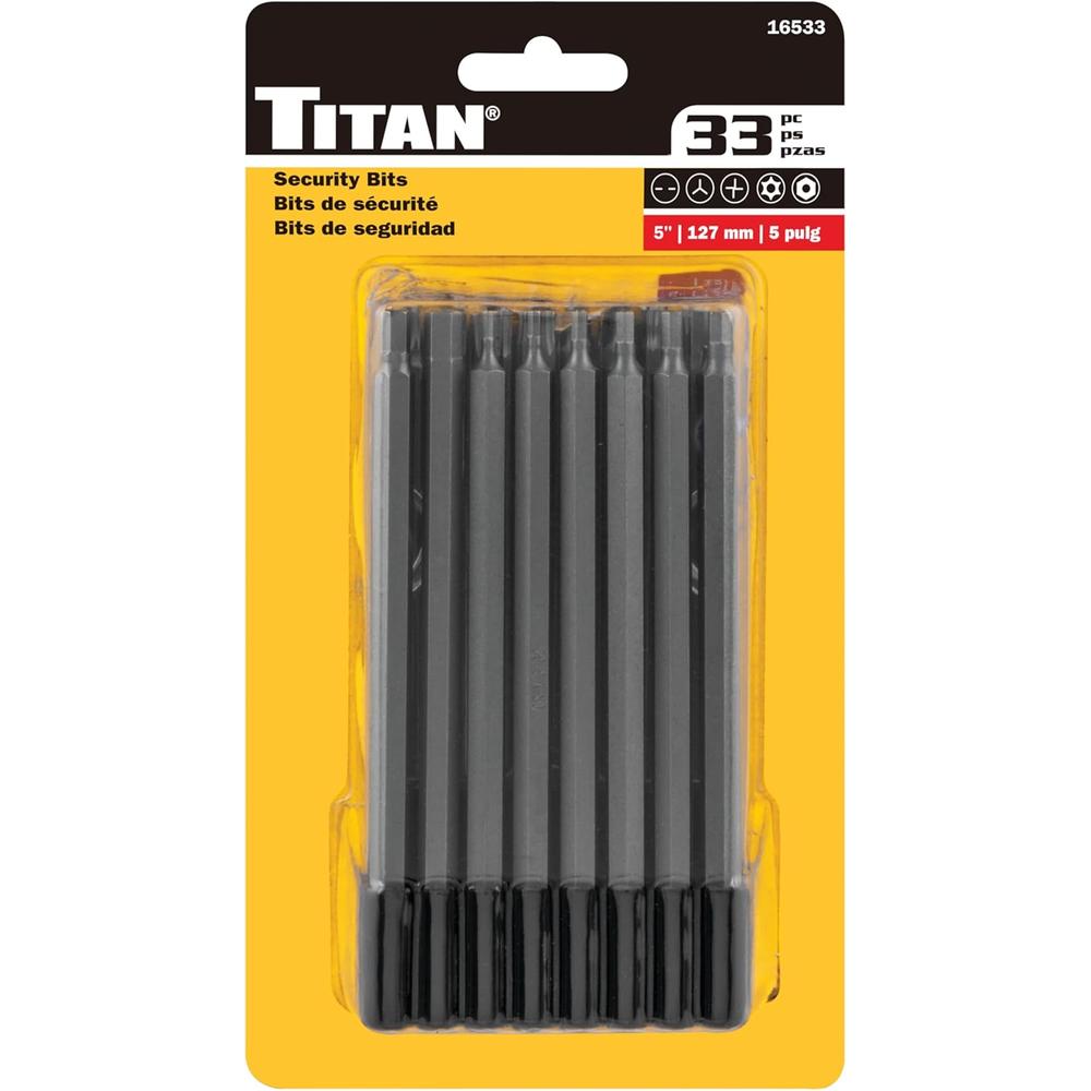 Titan Tools 16533 33-pc 5" Long Security Bit Set, (4) Spanner, (4) Triwing, (3) Torque, (9) Tr Torx, (12) Tr Hex