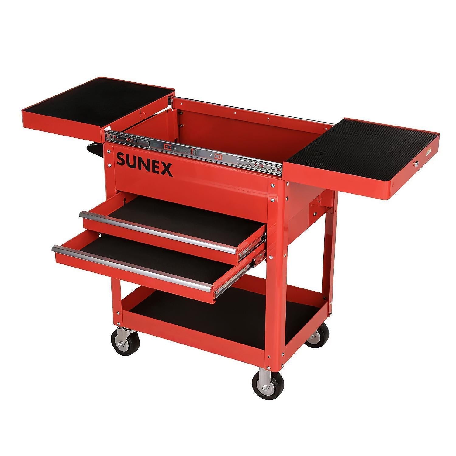 Sunex Tools 8035R Compact Slide Top Utility Cart Red - open top compartment and two drawers extended