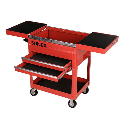 Sunex Tools 8035R Compact Slide Top Utility Cart Red - open top compartment and two drawers extended