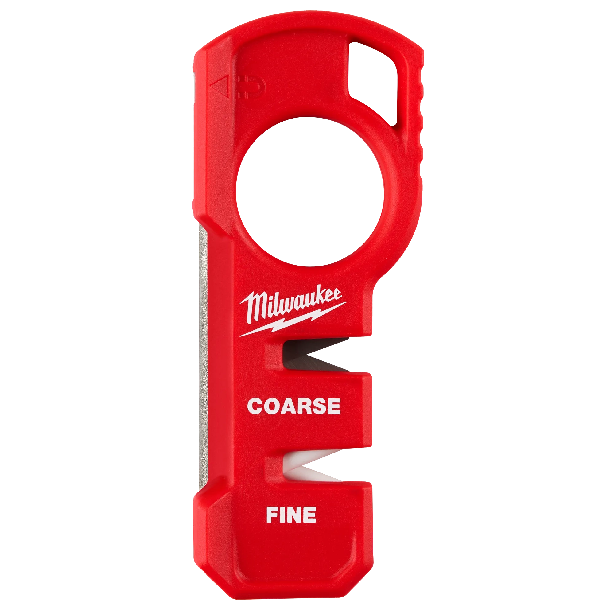 Milwaukee Tool 48-22-1590 Compact Knife Sharpener in red, front view showing Coarse and Fine sharpening sections