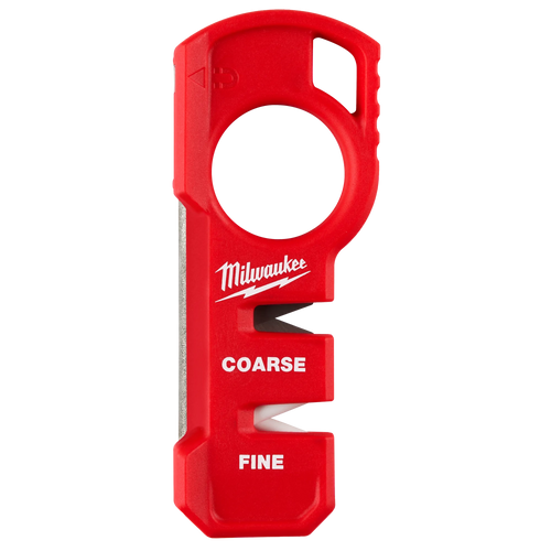 Milwaukee Tool 48-22-1590 Compact Knife Sharpener in red, front view showing Coarse and Fine sharpening sections