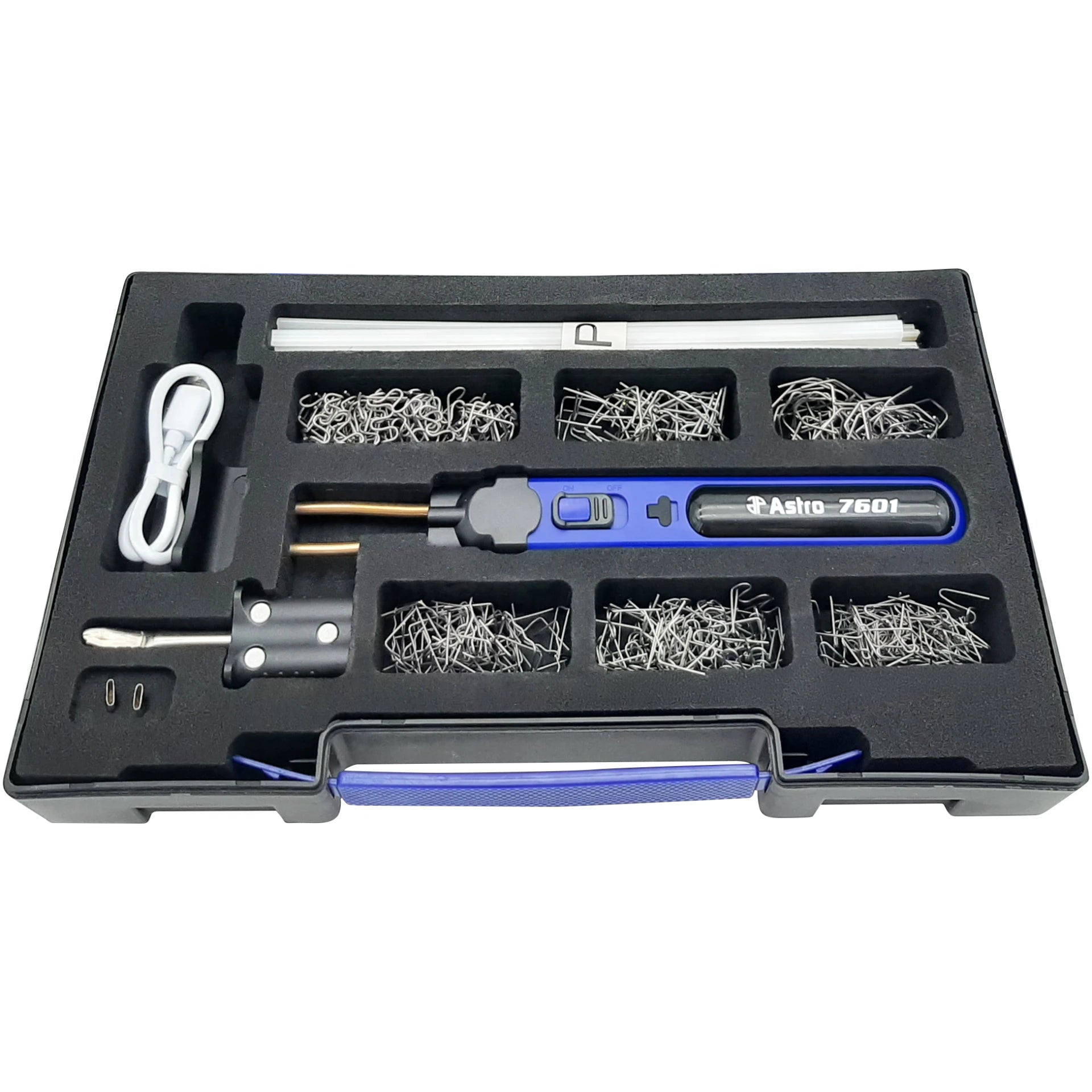 Astro Pneumatic 7601 Cordless Hot Staple and Plastic Welding Repair Kit open case angled view
