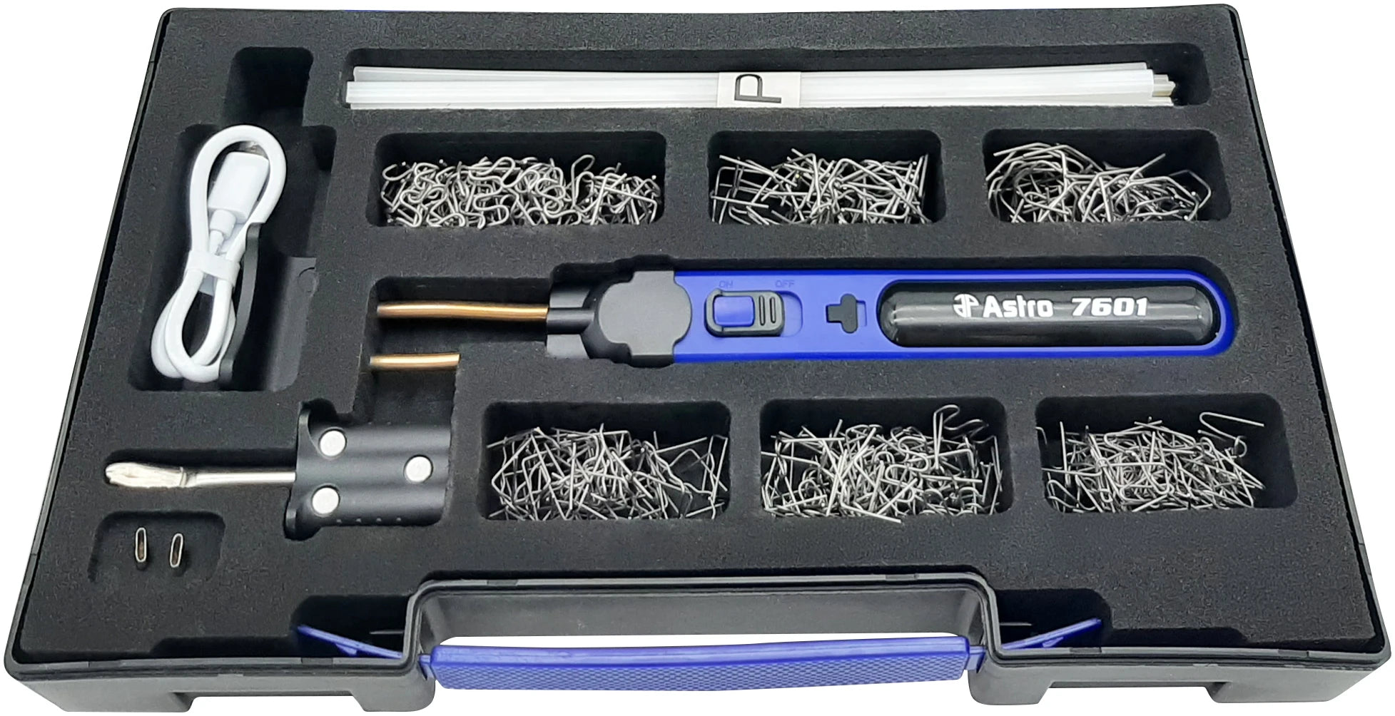 Astro Pneumatic 7601 Cordless Hot Staple and Plastic Welding Repair Kit open case top-down view