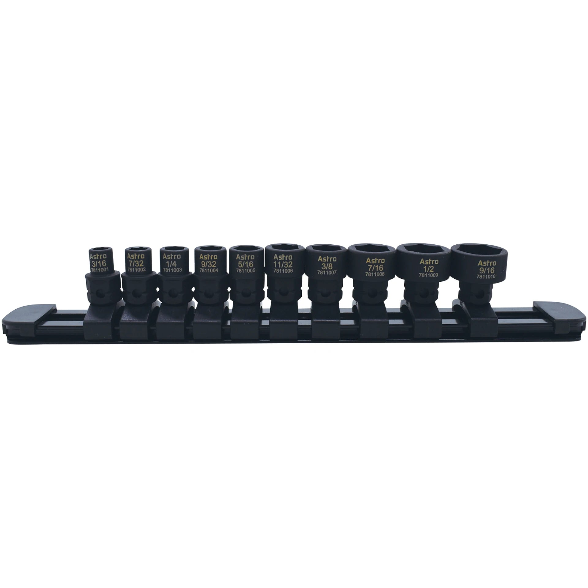 Astro Pneumatic 78110 10-Piece 1/4" Drive Low Profile Nano Impact Sockets SAE on storage rail