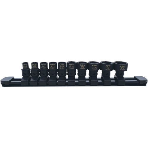 Astro Pneumatic 78110 10-Piece 1/4" Drive Low Profile Nano Impact Sockets SAE on storage rail