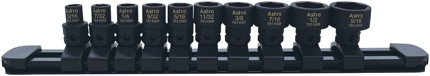 Coffret de 10 douilles à impact nano à profil bas SAE 6 pans, entraînement 1/4", Astro Pneumatic 78110, sur rail, 3/16"-9/16", hexagone extérieur 11 mm