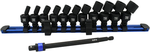 Astro Pneumatic 78111 12pc 1/4" Magnetic Universal 6pt Impact Socket Set with 5-15mm sockets on rail and 6" extension bar