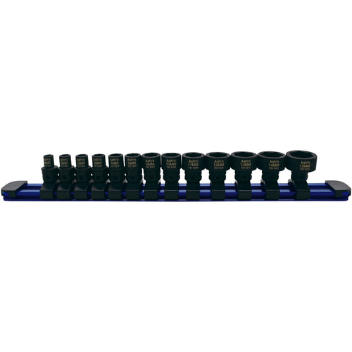 Astro Pneumatic 78113 13-piece 1/4 in drive nano impact socket set metric on blue rail organizer