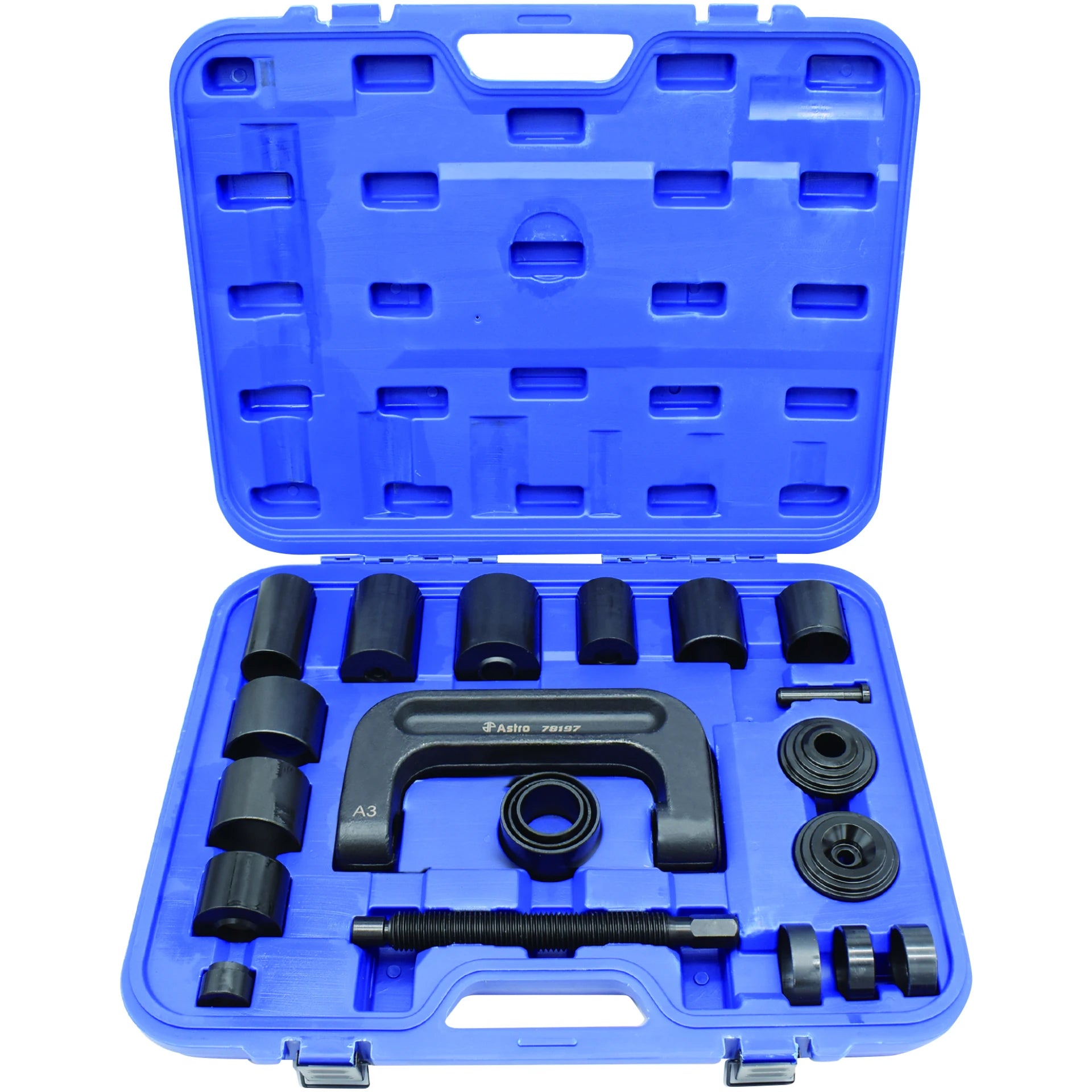 Astro Pneumatic 78197 Goliath Ball Joint Service Tool Set - complete set in open blue carrying case