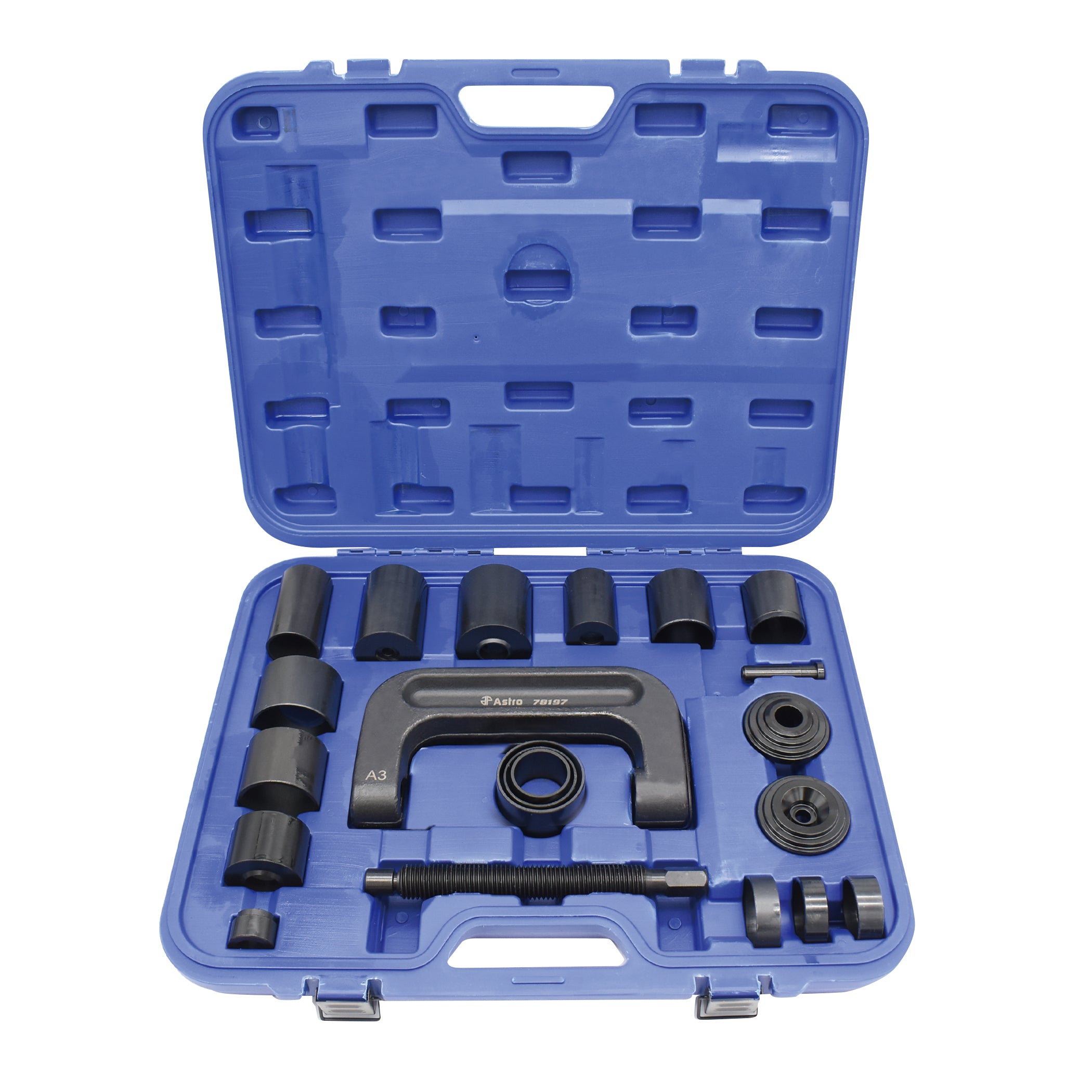 Astro Pneumatic 78197 Goliath Ball Joint Service Tool Set - open blue carrying case showing full adapter set