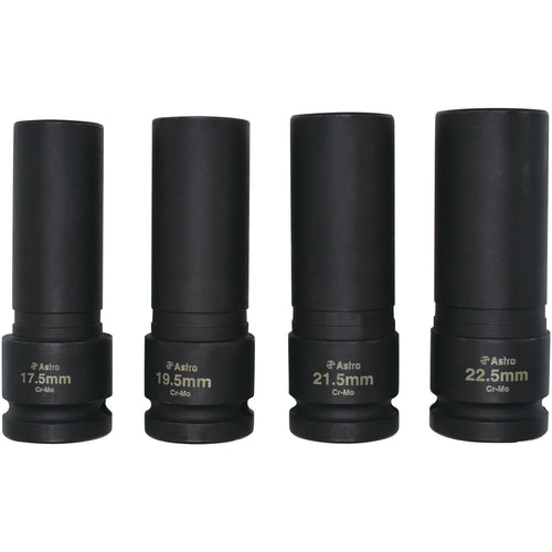 Astro Pneumatic 78204 4-piece thin wall lug nut socket set showing 17.5mm, 19.5mm, 21.5mm, and 22.5mm Cr-Mo sockets