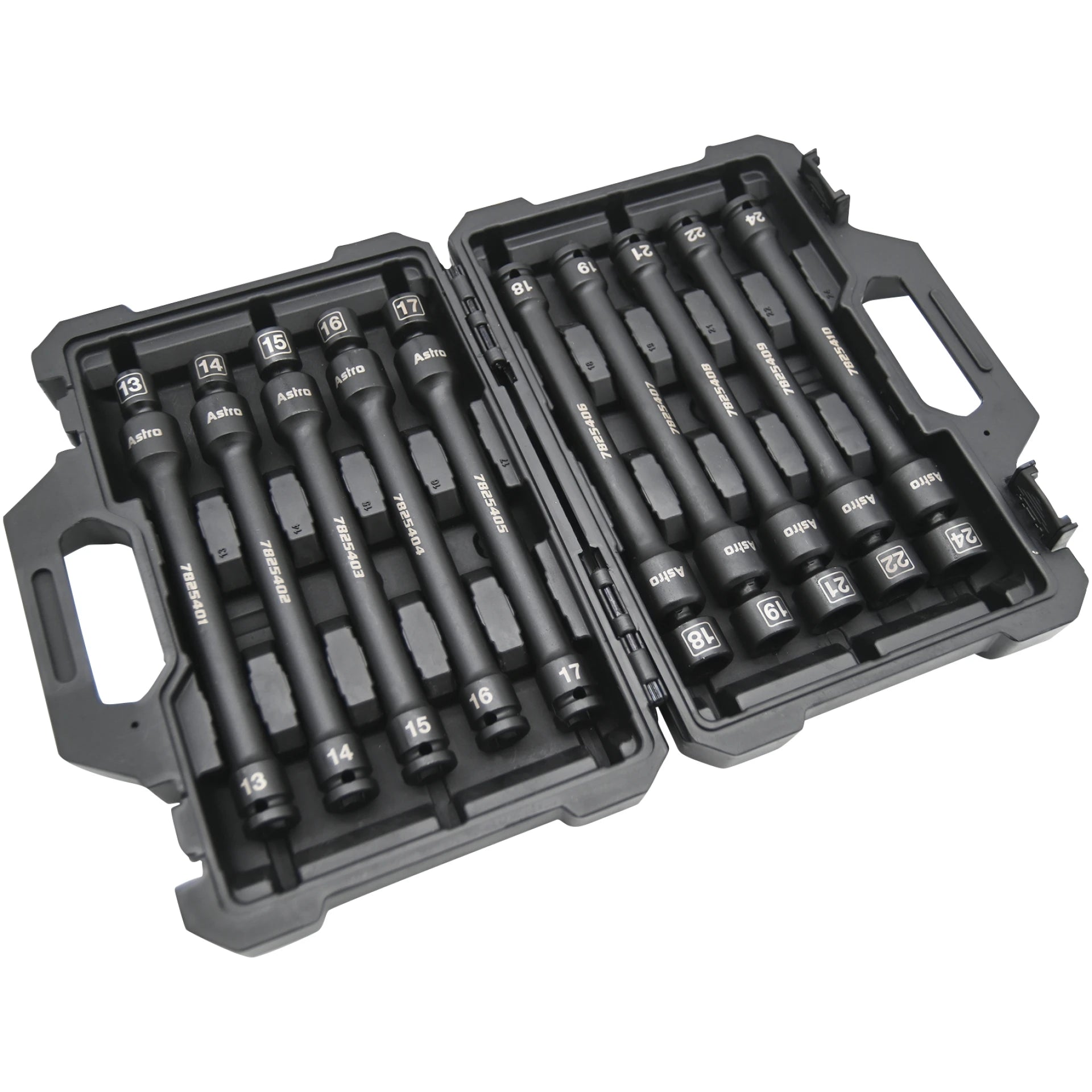 Astro Pneumatic 78254 10-Piece 1/2 in Drive Torque-Saver Impact Extension Set displayed in carry case, sizes 13-24mm