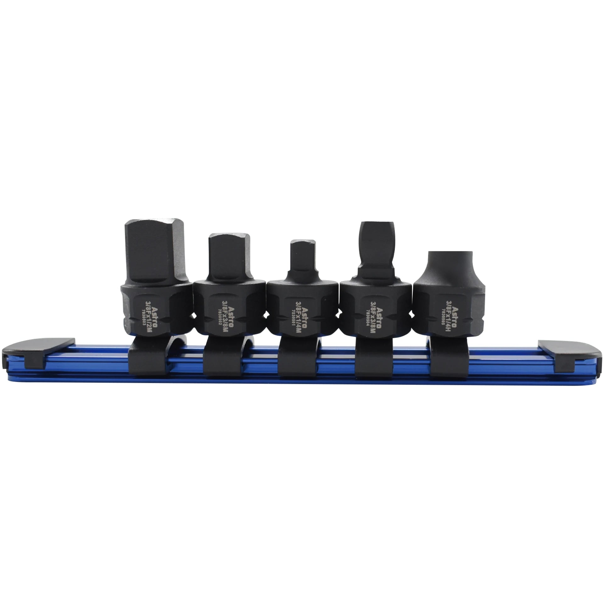 Astro Pneumatic 78305 5pc 3/8" Nano Drive Size Adapter Set on blue storage rail