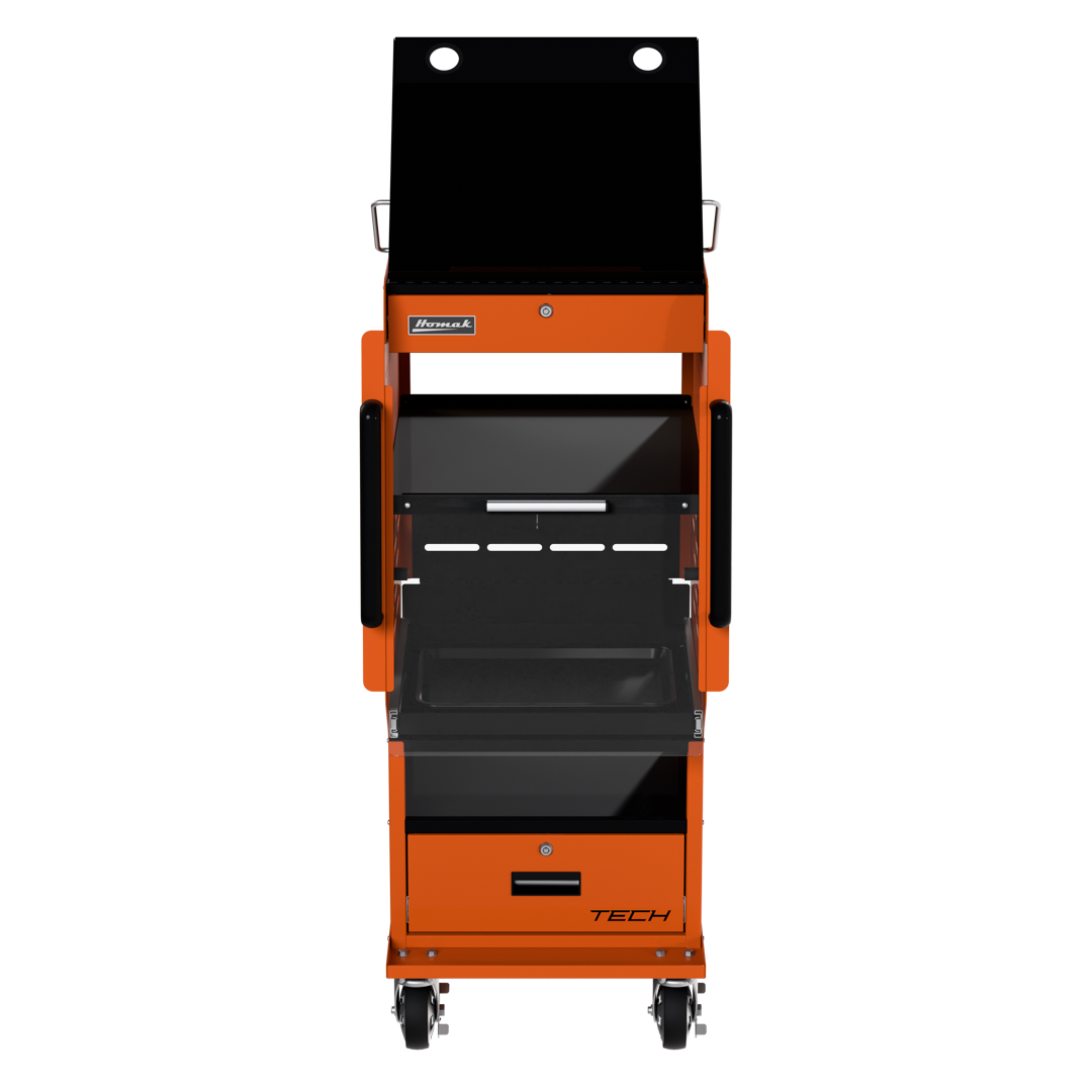 Homak TECH Automotive Diagnostic Service Cart front view, orange and black