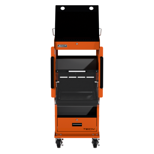 Homak TECH Automotive Diagnostic Service Cart front view, orange and black