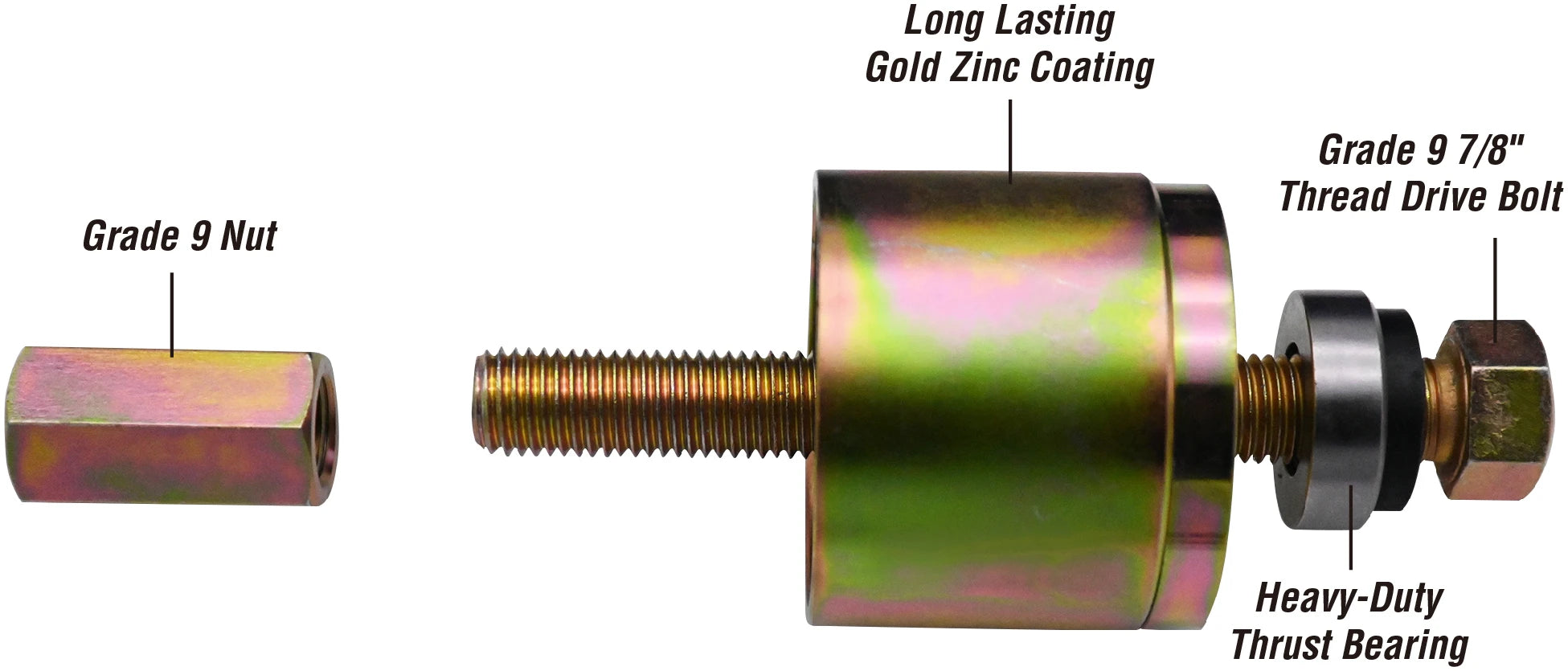 Astro Pneumatic 78825HD Grade 9 nut, gold zinc coated drive bolt, and heavy-duty thrust bearing components exploded view