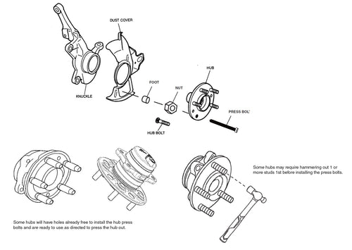 Astro Pneumatic 78834 Hub Removal Bolt Kit - exploded diagram showing knuckle, dust cover, hub, foot, nut, hub bolt, and press bolt assembly