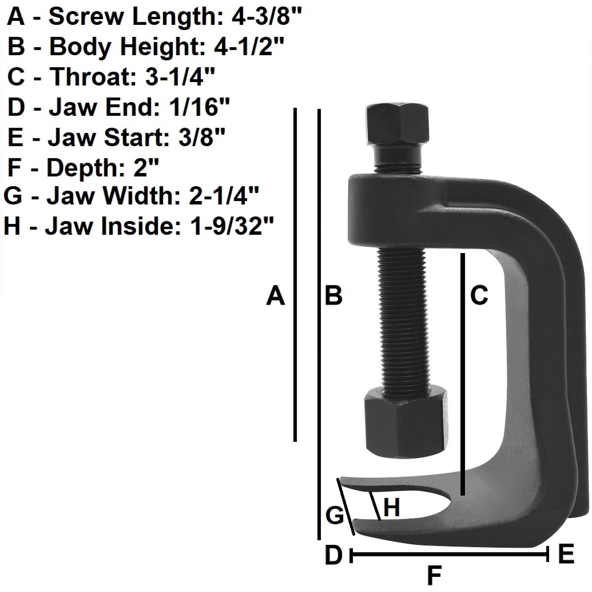 Astro Pneumatic 78912 Low Profile Ball Joint Separator dimensions diagram: screw length 4-3/8", body height 4-1/2", throat 3-1/4"
