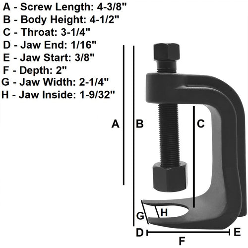 Astro Pneumatic 78912 Low Profile Ball Joint Separator dimensions diagram: screw length 4-3/8", body height 4-1/2", throat 3-1/4"
