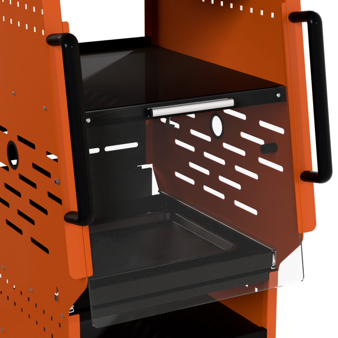 Homak TECH Diagnostic Service Cart close-up of sliding battery shelf and ventilated shield
