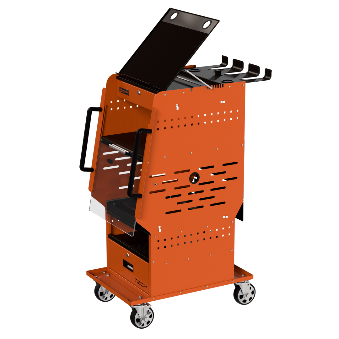 Homak TECH Diagnostic Service Cart angled view with adjustable laptop top panel open