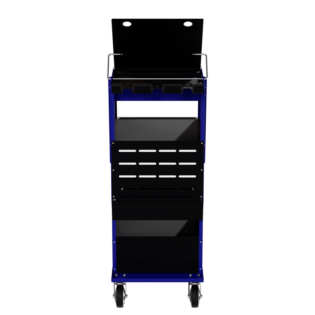 Homak BB06019020 TECH Mobile Diagnostic Cart Blue Rear View with Shelves and Tool Tray