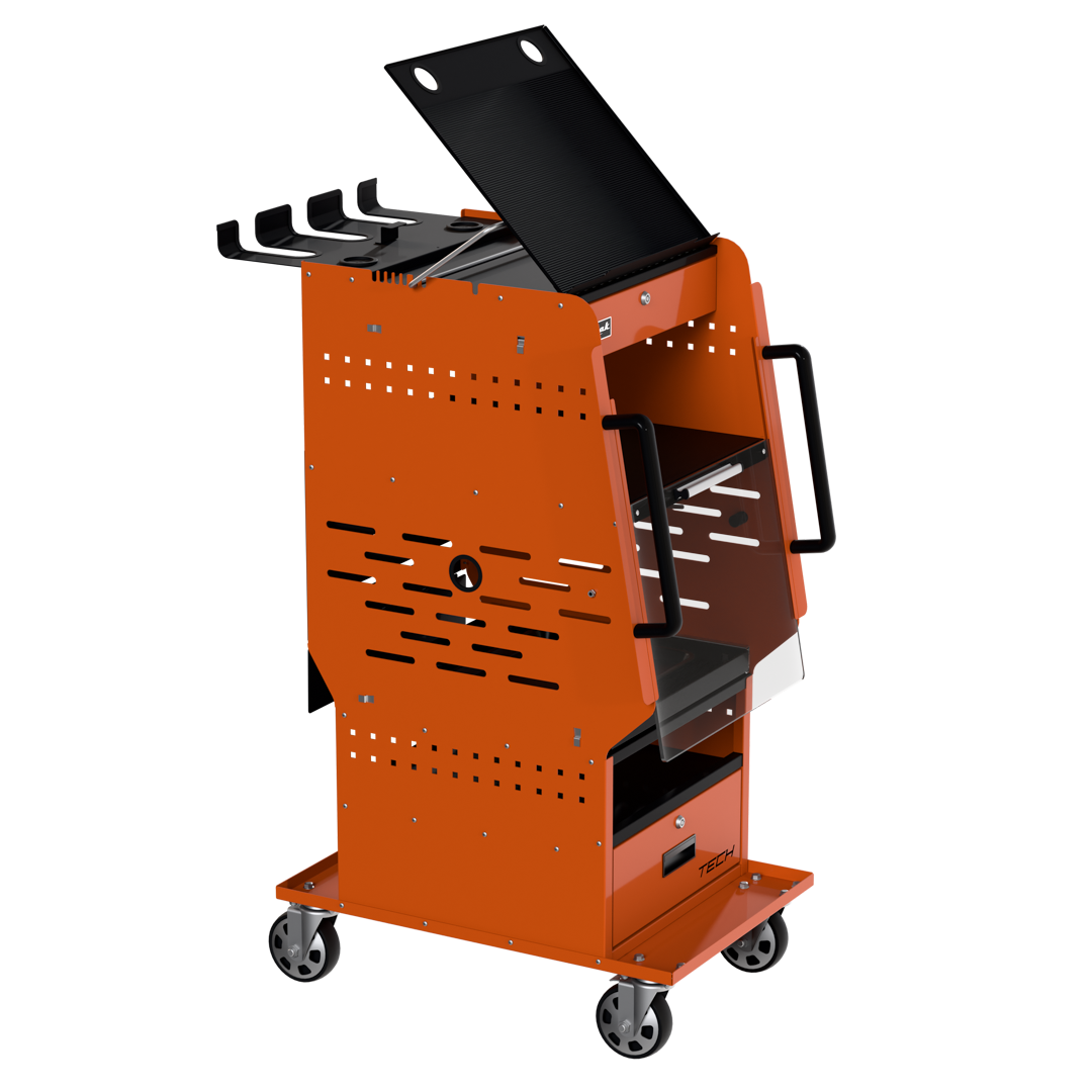 Homak TECH Diagnostic Service Cart opposite angle with open battery shelf compartment