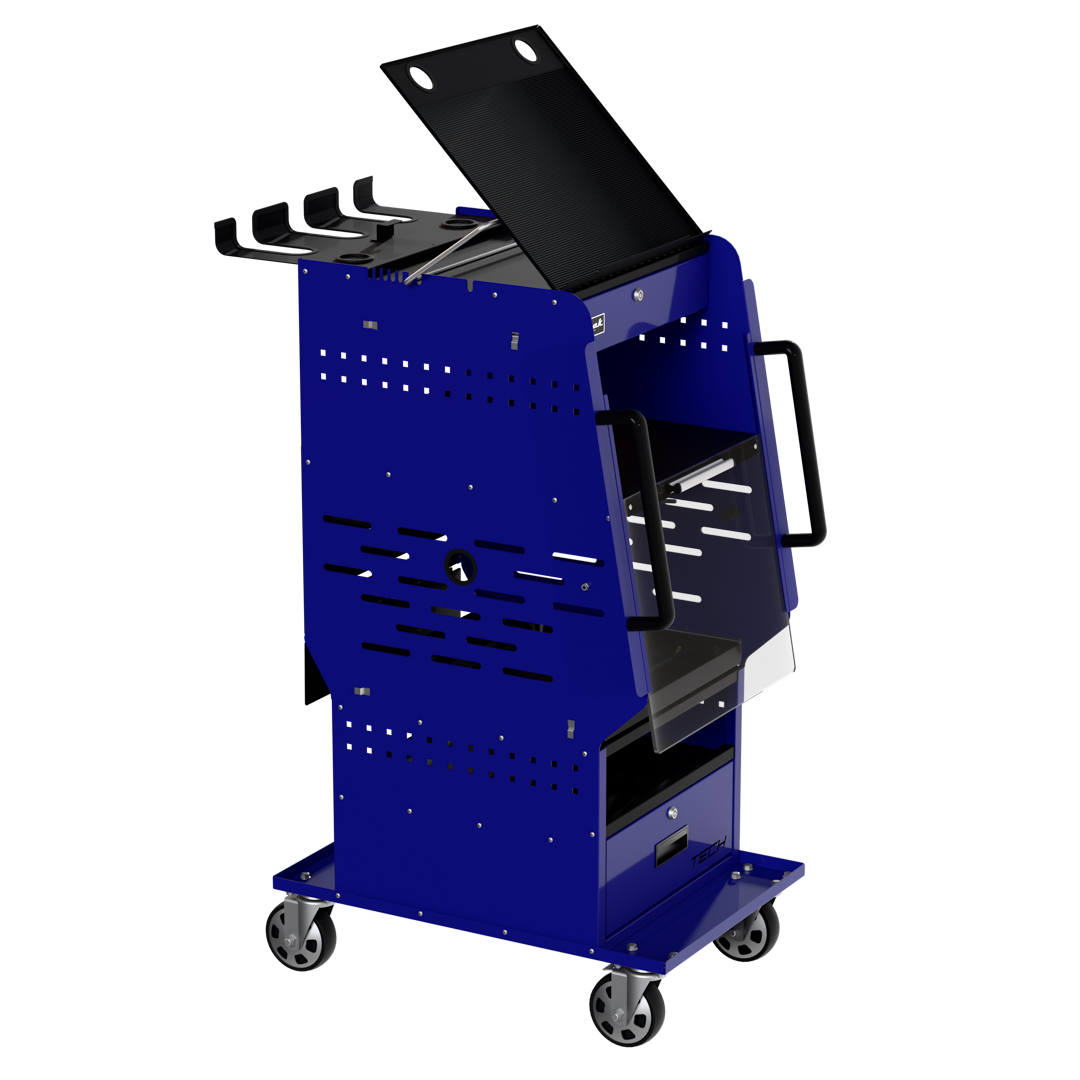 Homak BB06019020 TECH Mobile Diagnostic Cart Blue Angled View Open Workstation