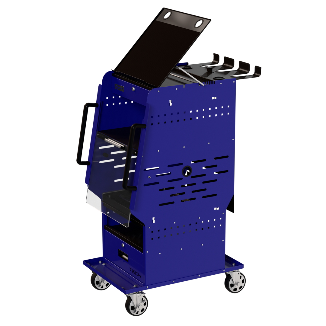 Homak BB06019020 TECH Mobile Diagnostic Cart Blue Angled View with Cordless Tool Holders