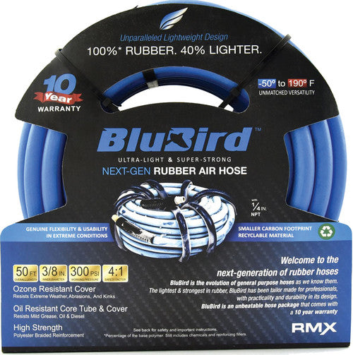 Blubird BB3850 Bluebird Rubber Air Hose Assembly, 3/8" X 50', 3/8" Male-NPT, 300 PSI, EPDM - MPR Tools & Equipment