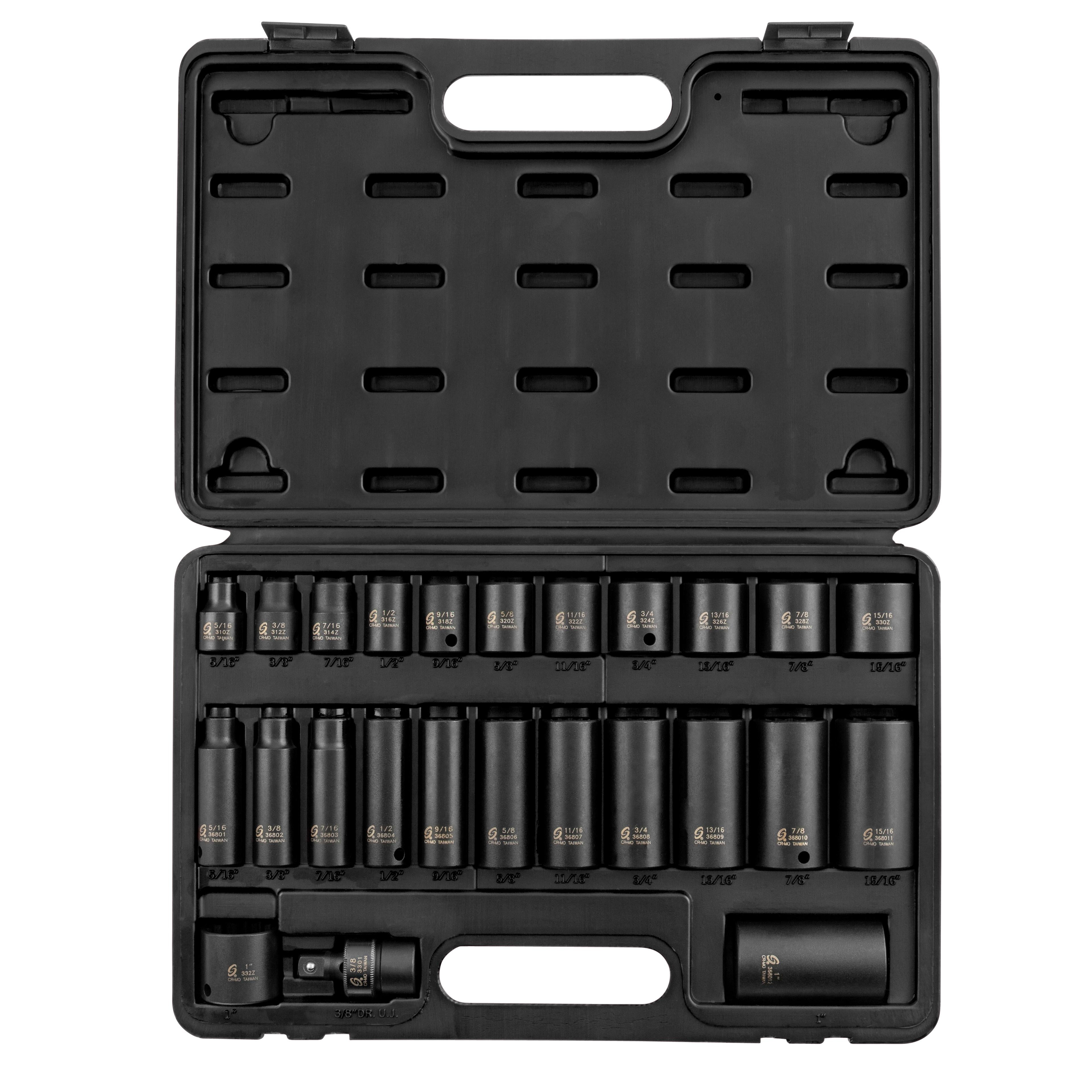 Sunex Tools 3326 25-Piece 3/8 In Drive SAE 12-Point Master Impact Socket Set open in black blow-molded case