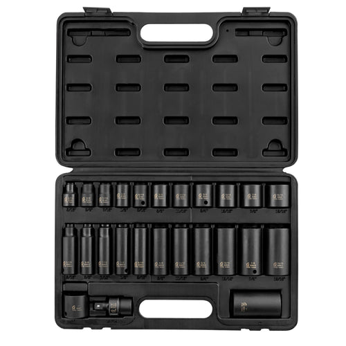 Sunex Tools 3326 25-Piece 3/8 In Drive SAE 12-Point Master Impact Socket Set open in black blow-molded case