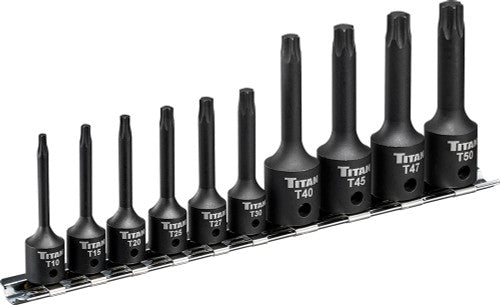 Titan Tools 49007 10-Pc 1/4" & 3/8" Drive X-Long Impact Torx Bit Socket Set on Metal Storage Rail, T10-T50 - MPR Tools & Equipment