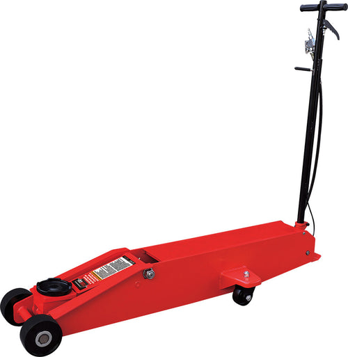 TOBEQ TBQ-ASJ10000A 10-Ton Air/Hydraulic Long Chassis Floor Jack in red with black handle and wheels