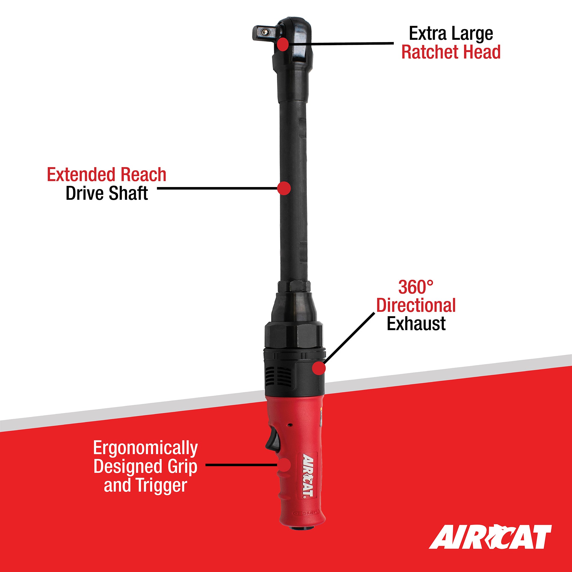 Aircat 805-HT-22-5 feature diagram highlighting extra large ratchet head, extended reach drive shaft, 360-degree directional exhaust, and ergonomic grip