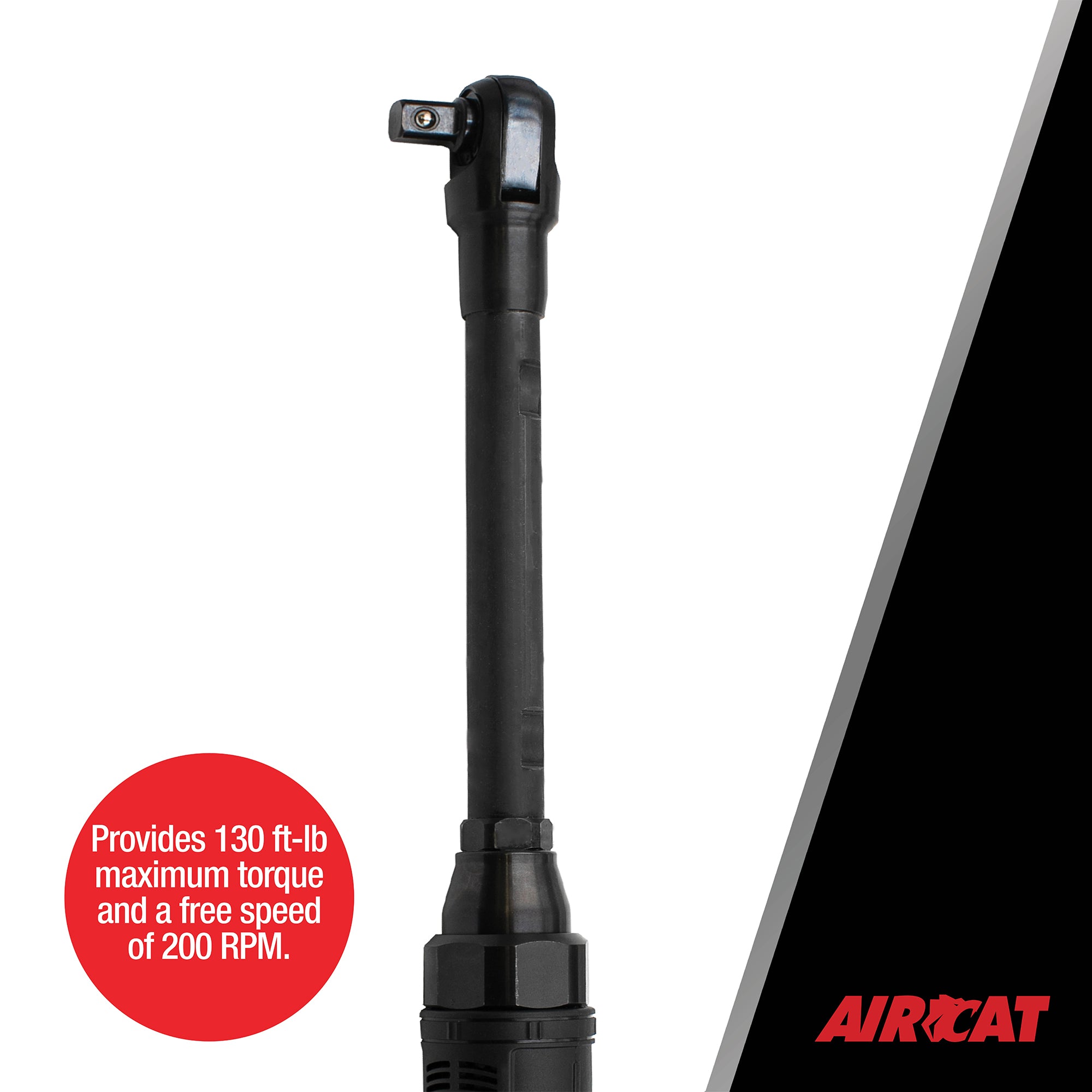 Aircat 805-HT-22-5 ratchet head detail showing 130 ft-lb max torque and 200 RPM free speed
