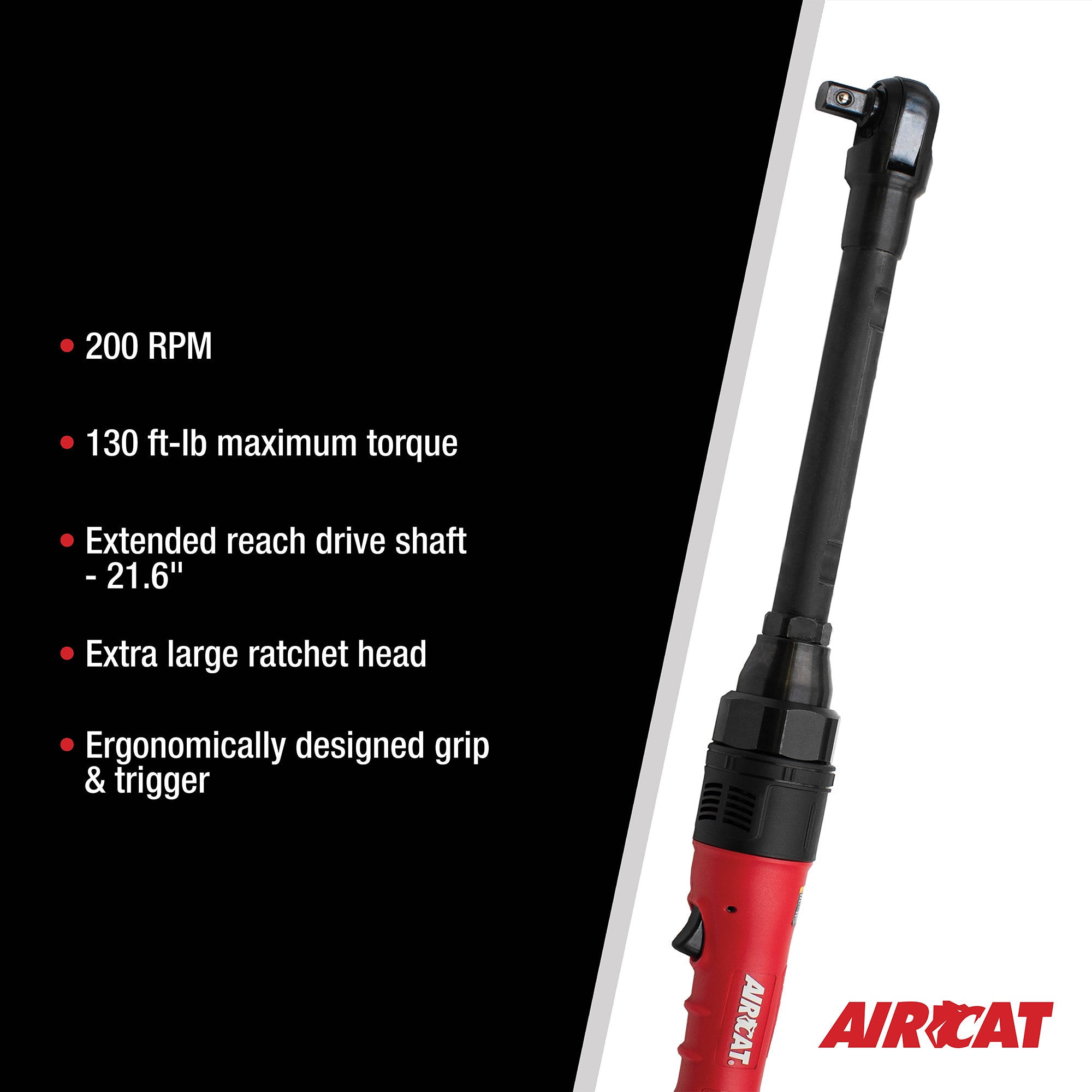 Aircat 805-HT-22-5 infographic listing 200 RPM, 130 ft-lb torque, 21.6" extended reach, extra large ratchet head, and ergonomic grip and trigger