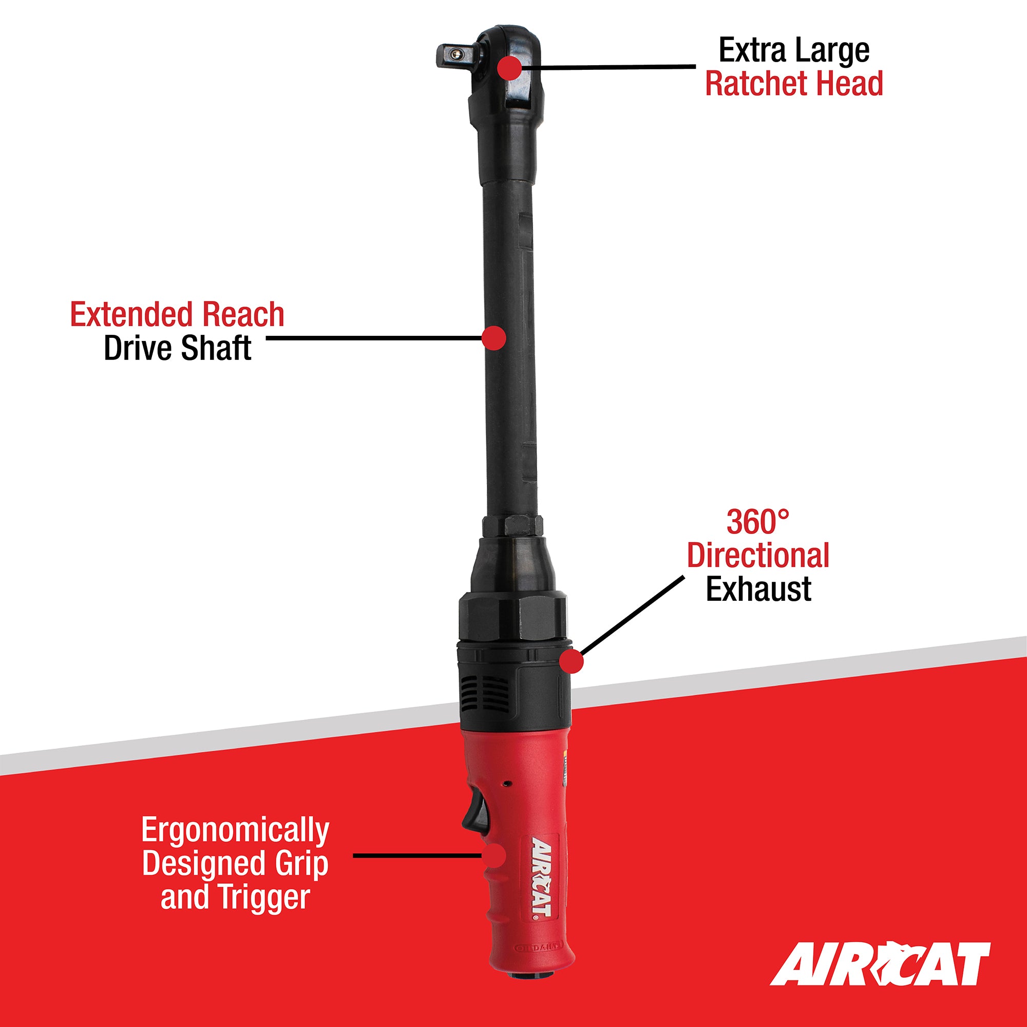 Aircat 805-HT-22 feature callout - extra large ratchet head, extended reach drive shaft, 360 degree directional exhaust, ergonomic grip