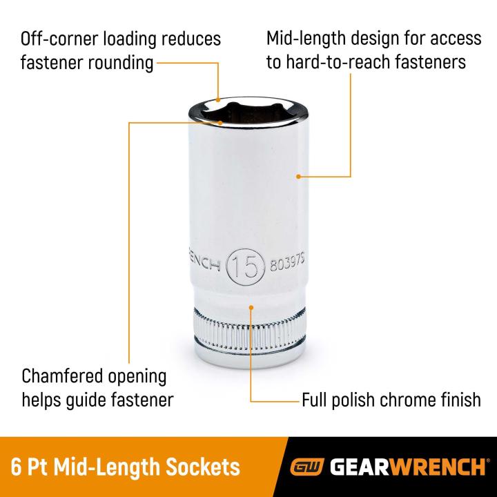 Gearwrench 6 Point Mid Length Socket feature callout diagram