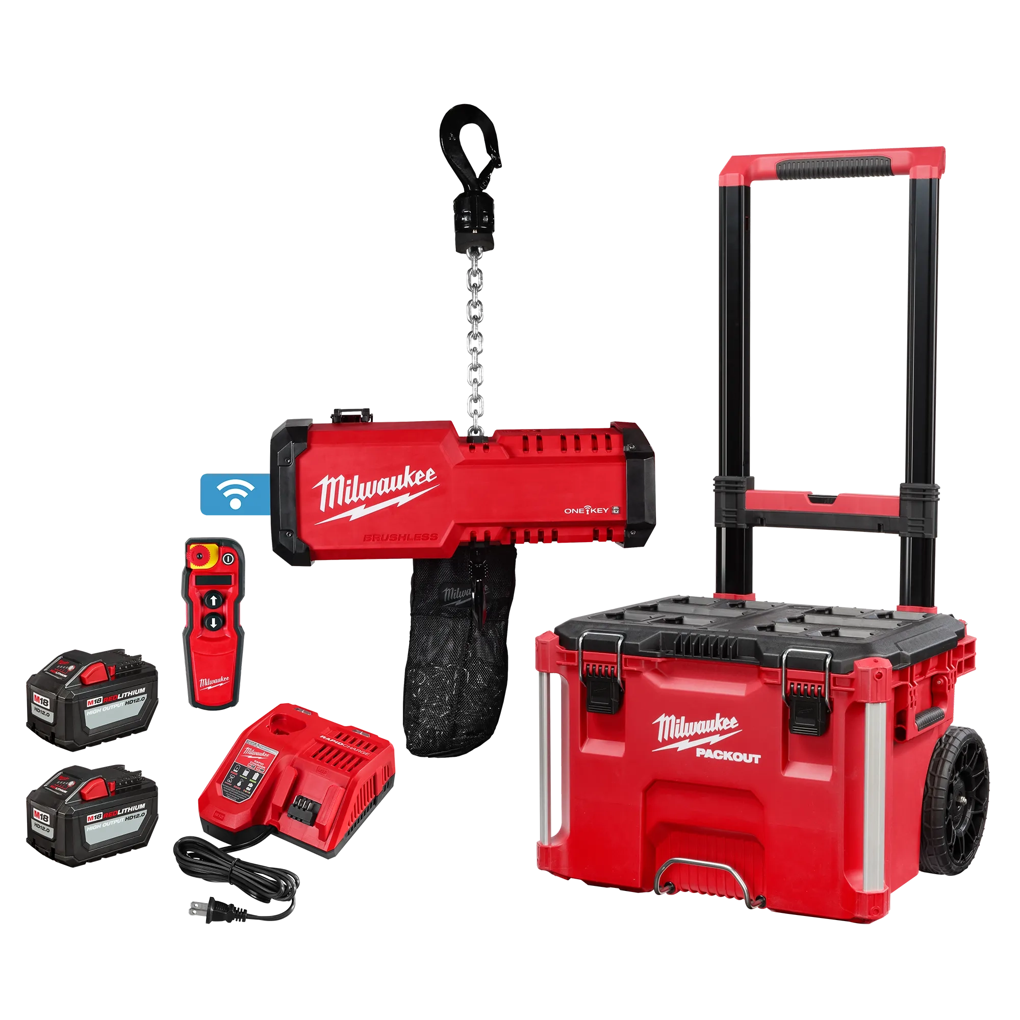 Milwaukee Tool 2983-22HD M18 Chain Hoist Kit with wireless remote, two HD12.0 batteries, rapid charger, and PACKOUT Rolling Tool Box