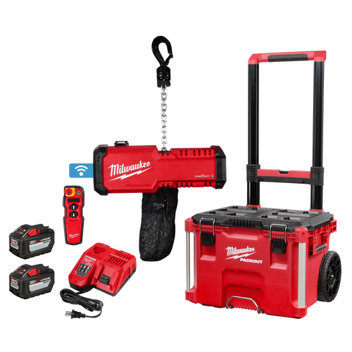 Milwaukee Tool 2983-22HD M18 Chain Hoist Kit with wireless remote, two HD12.0 batteries, rapid charger, and PACKOUT Rolling Tool Box
