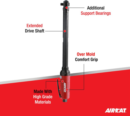 Aircat 808-22-A feature callout showing extended drive shaft, additional support bearings, over mold comfort grip, and high grade materials