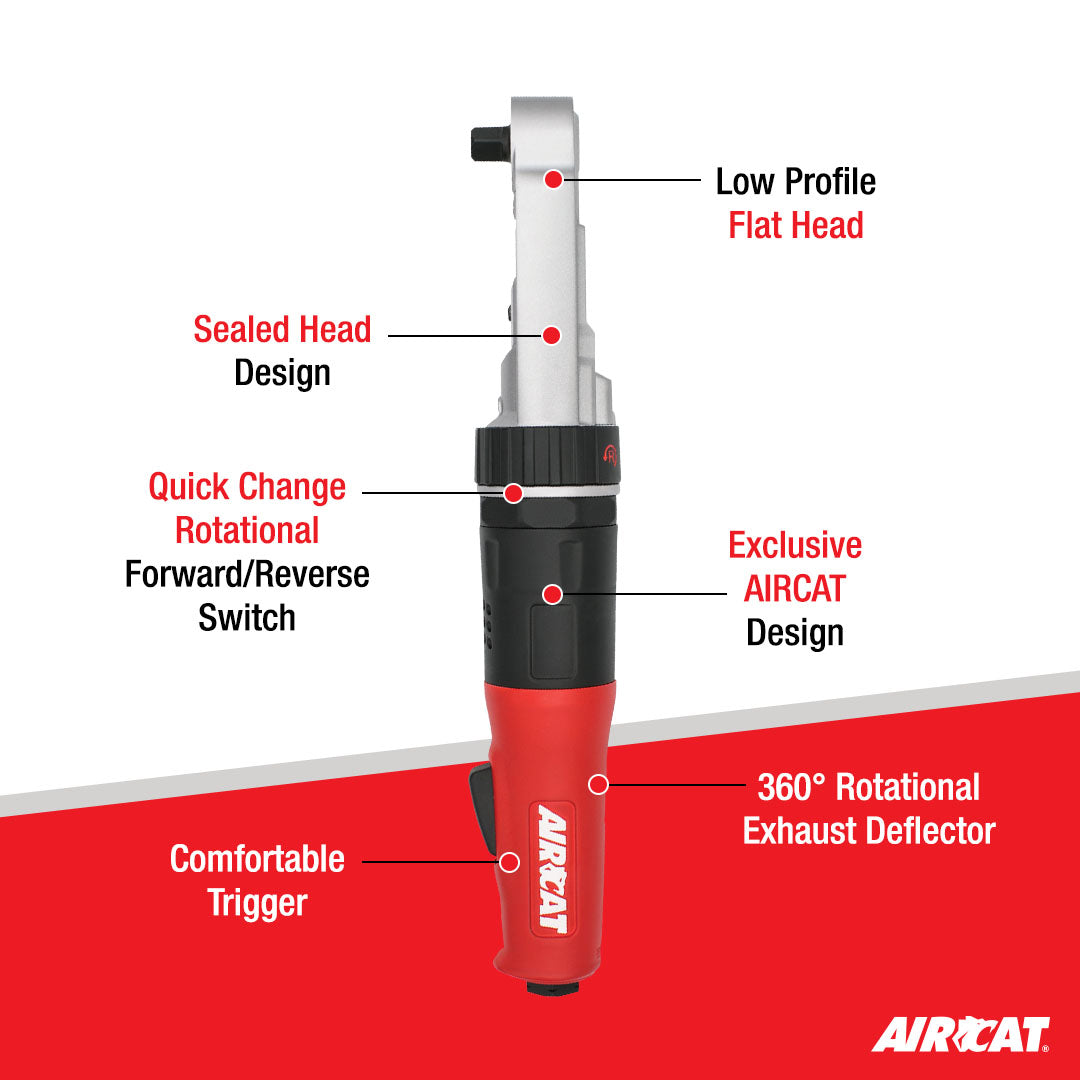 Aircat 809-SH-5 labeled diagram: Sealed Head, Low Profile Flat Head, Quick Change Forward/Reverse Switch, Comfortable Trigger, 360 Degree Exhaust Deflector